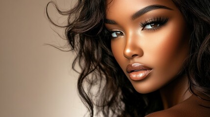 Fototapeta premium An editorial image of a black woman with impeccable makeup, including eyeshadow, striking a dramatic pose with her 30