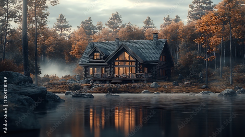 Poster modern log cabin retreat by a calm forest lake with autumn foliage : generative ai