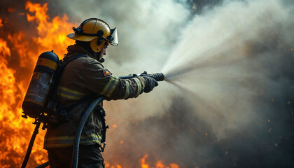 Naklejka premium A firefighter combats a fierce blaze, water cutting through smoke and flames dynamically.