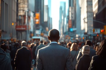 Fototapeta premium Businessman Walking Back Through City Crowd in Sunlight.