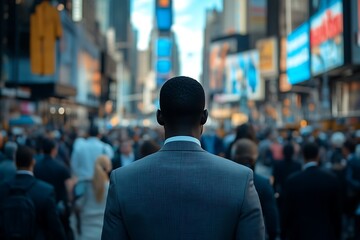 Fototapeta premium Businessman Walking Backwards in City Crowd with Blurry Buildings