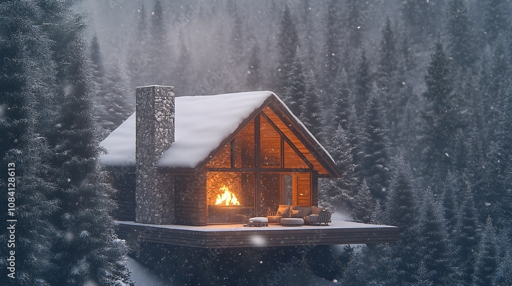 Poster rustic cabin nestled in snowy forest with inviting fireplace and tranquil setting : generative ai