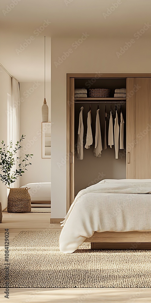 Poster Modern Scandinavian Bedroom Featuring Subtle Tones and Open Closet : Generative AI