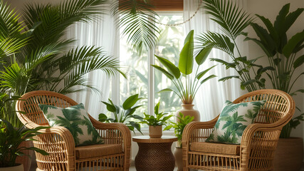 Fototapeta premium Tropical living room with rattan chairs and jungle-pattern pillows.