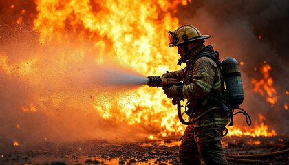 Naklejka premium A firefighter combats a fierce blaze, water cutting through smoke and flames dynamically.