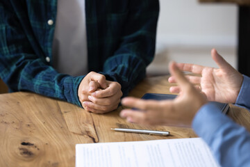 Unknown woman gesticulates while talk at formal meeting in office, lead professional communication,...