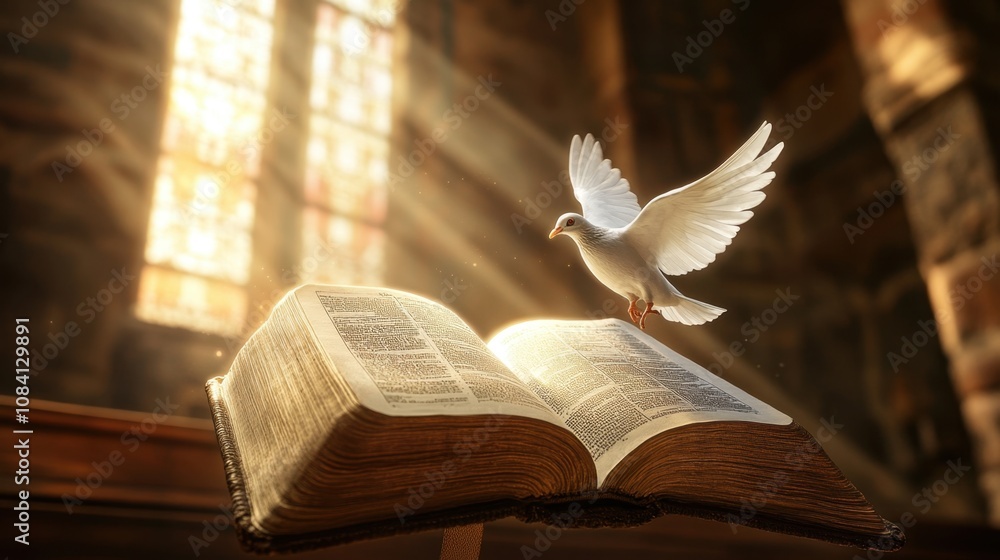Poster dove flying above an open book with glowing light beaming through a window in a serene and peaceful 
