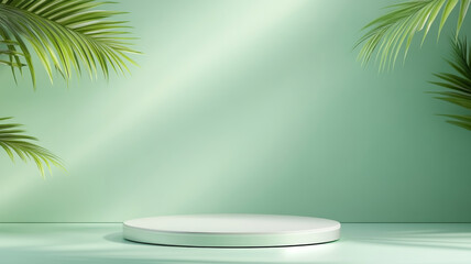 Obraz premium A minimalist display platform surrounded by lush green palm leaves against soft mint background creates serene and inviting atmosphere. Perfect for showcasing products or art