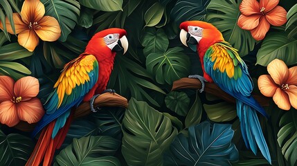 Fototapeta premium Colorful parrots in tropical paradise nature scene vibrant flora close-up view wildlife beauty