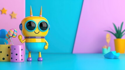 Fototapeta premium Cute Robot with Candy Fun 3D Render Childrens Cartoon Sweet Treats Bright Colors Playful Design