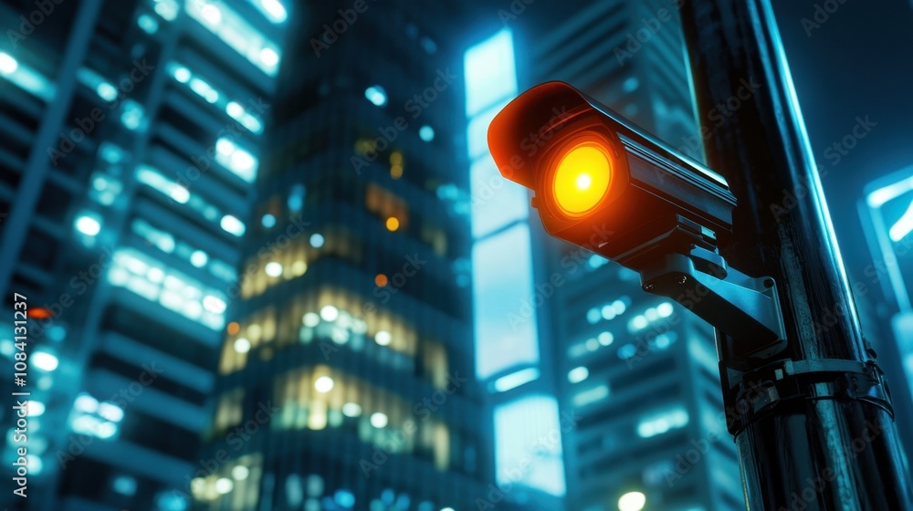 Poster vibrant city night with illuminated traffic camera and skyscrapers in background creating a dynamic 