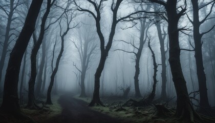 Mysterious foggy forest path with tall trees creating an eerie atmosphere