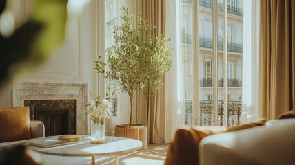Fototapeta premium A bright and airy living room featuring stylish olive tree, elegant curtains, and marble fireplace. sunlight creates warm and inviting atmosphere, perfect for relaxation