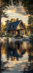 Obraz premium Rustic Log Cabin by Serene Lakeside Surrounded by Autumnal Forest at Sunset : Generative AI