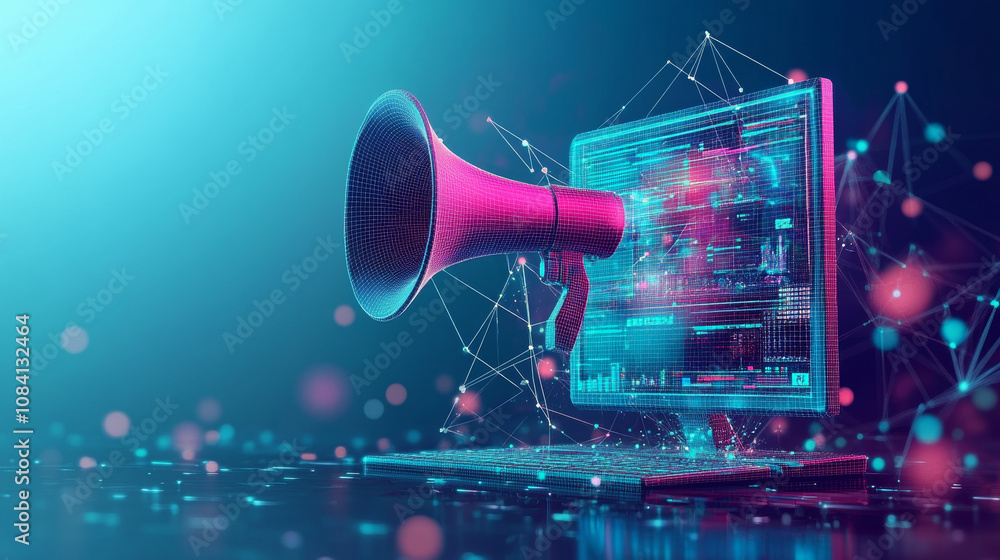 Poster a 3d image shows a computer and megaphone linked by dots, representing digital marketing. it uses a 
