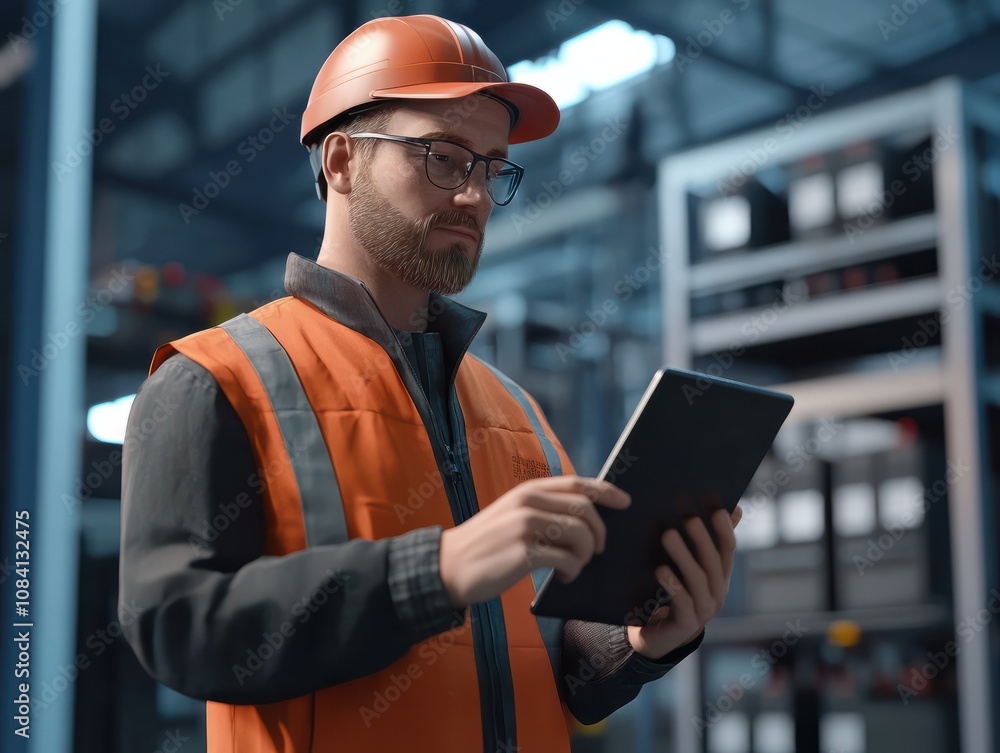 Poster industry engineer in factory using smart tablet device to control networking for auto industry. smar