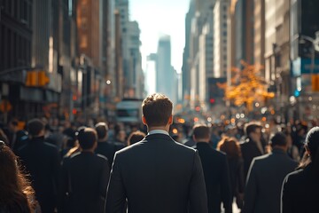 Obraz premium Businessman Walking in Golden Hour City Crowd