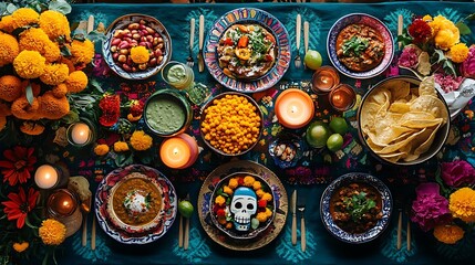 Celebration feast cultural gathering food colorful decor overhead view festive atmosphere