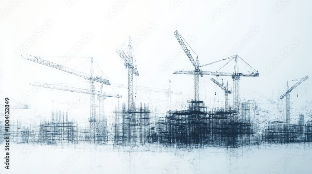 Poster a picture of a building site with many tall cranes. it's a simple, digital drawing made of lines and
