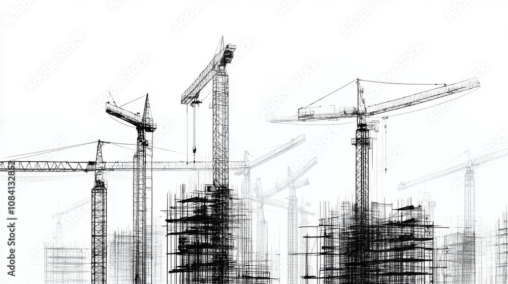 Poster a picture of a building site with many tall cranes. it's a simple, digital drawing made of lines and