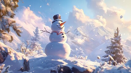 Fototapeta premium A snowman with a hat and scarf in a snowy forest