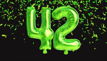 Green birthday / anniversary balloon, number 42, black background with confetti
