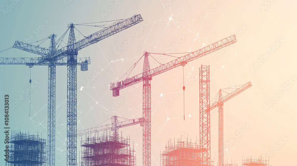 Poster a picture of a building site with many tall cranes. it's a simple, digital drawing made of lines and