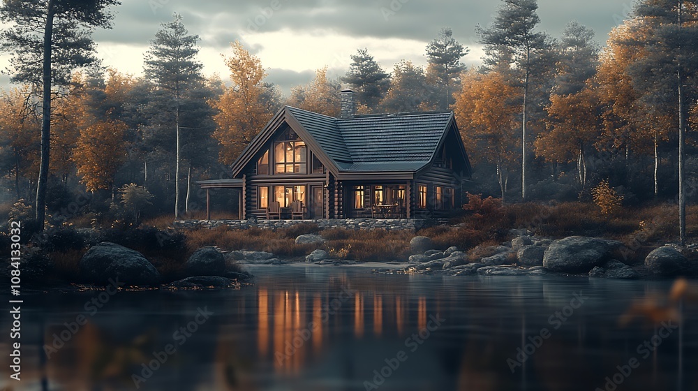 Poster Charming Forest Log Cabin by a Lake with Tranquil Waters and Autumn Trees : Generative AI