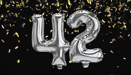 Silver birthday / anniversary balloon, number 42, black background with confetti