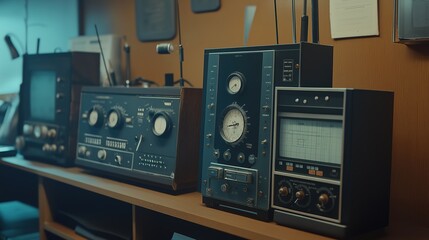 Obraz premium Vintage space communication equipment in a dimly lit room, symbolizing the intersection of old technology and new frontiers, where the past meets the future in a quest for knowledge and exploration.