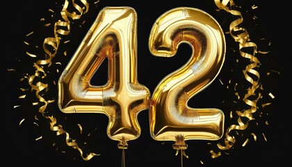 Gold birthday / anniversary balloon, number 42, black background with confetti