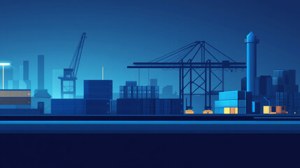 Obraz premium A simple, dark blue design showing a cargo ship, containers, a crane, and a warehouse. It's a template for a website banner about global shipping and logistics.