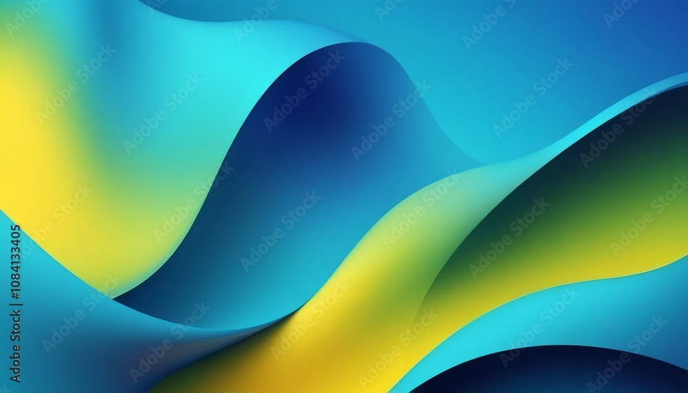 Poster dynamic gradient mesh background with flowing waves in vivid blue and bright yellow, creating an ene