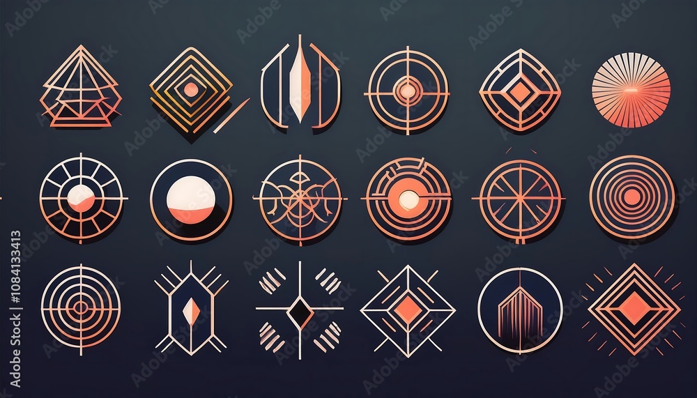 Poster set of minimalist flat geometric logo icons featuring y2k retro elements and vector sig_1(672)
