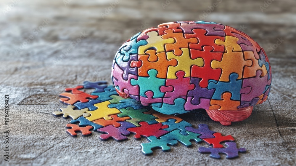 Poster colorful puzzle brain representation symbolizing problem solving, creativity, and cognitive diversit