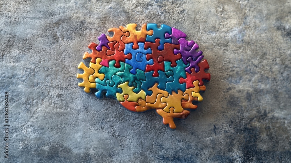 Poster colorful puzzle pieces forming a brain shape on a textured surface representing creativity, problem 