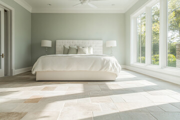 Fototapeta premium A serene bedroom featuring plush bed with decorative pillows, large windows allowing natural light, and elegant lamps on either side. soft color palette creates calming atmosphere