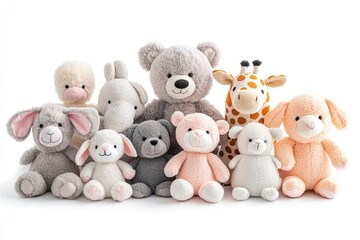 Set of cute plush toys isolated on a white background