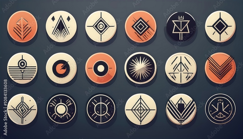 Poster set of minimalist flat geometric logo icons featuring y2k retro elements and vector signs i_1(671)