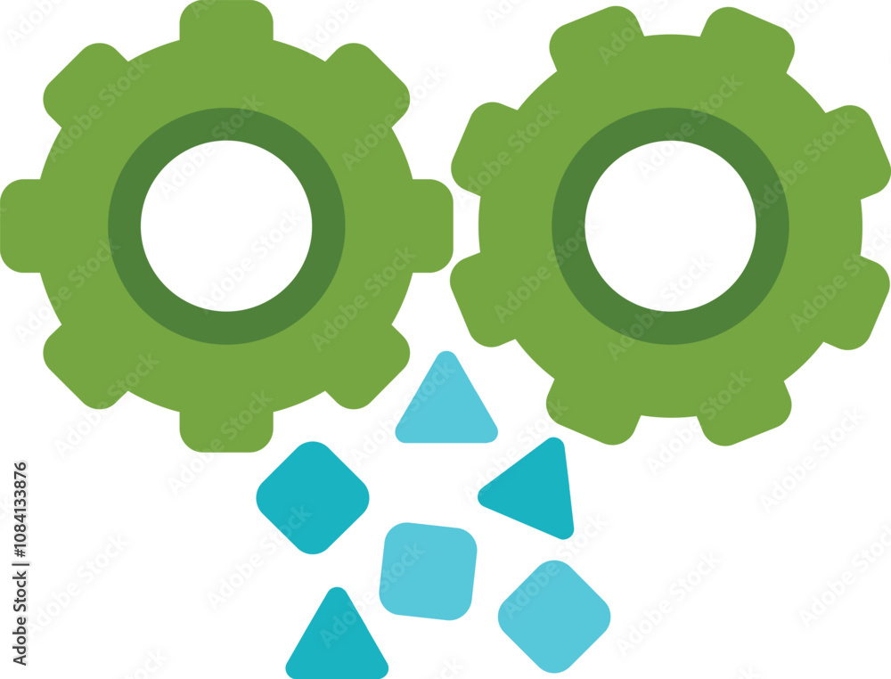 Poster two green gears are processing blue data points generating information as a symbol for data processi