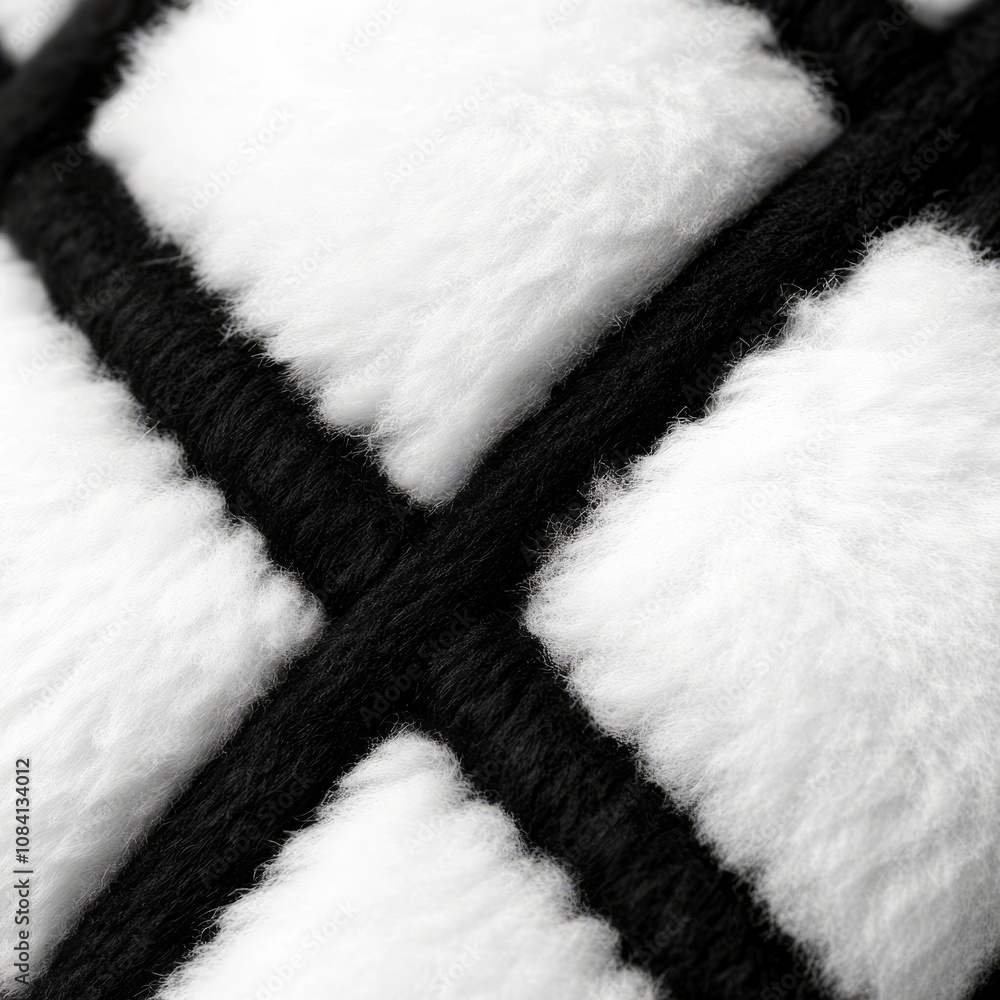 Poster close-up of a fluffy white fabric with black stitching in a grid pattern.