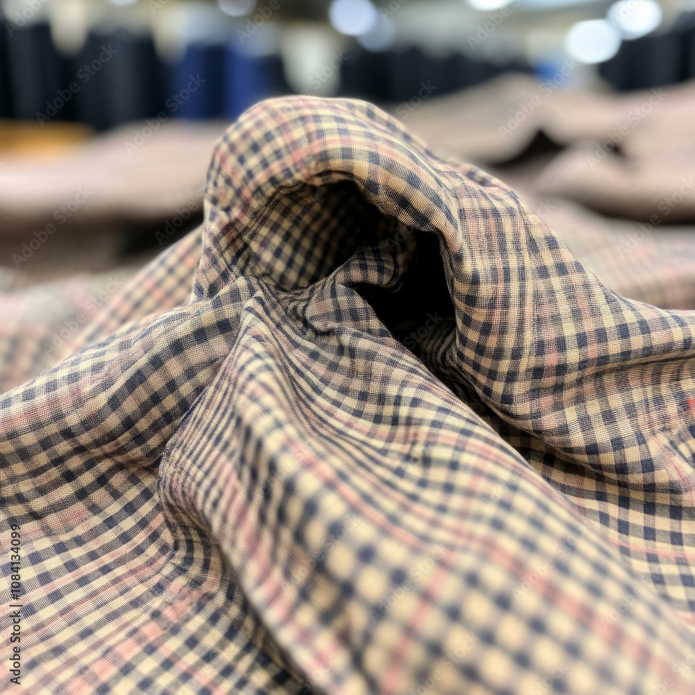Aufkleber close-up of a folded plaid fabric with a deep fold creating a tunnel.