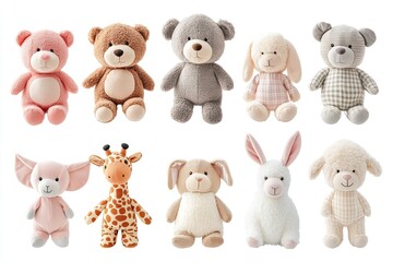 Fototapeta premium Set of cute plush toys isolated on a white background