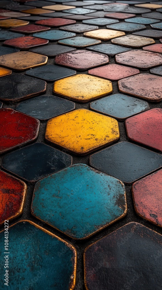 Poster colorful hexagonal tiles create a vibrant textured surface.