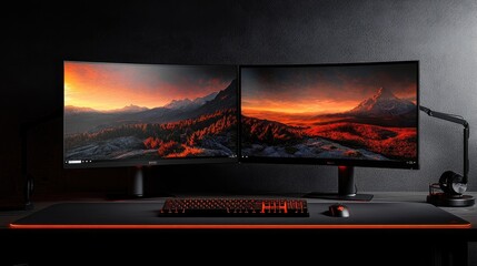 Dual monitors displaying scenic sunset landscape on a modern gaming desk setup.