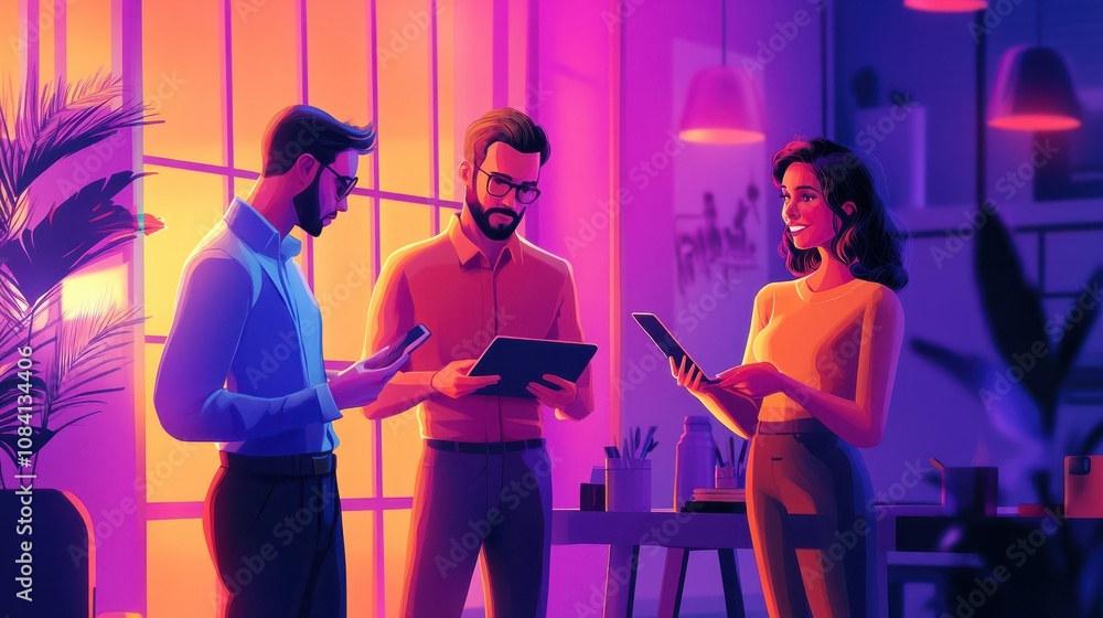 Poster millennials business meetup. it workers discovering pacing technologies on tablet, discussing new pr