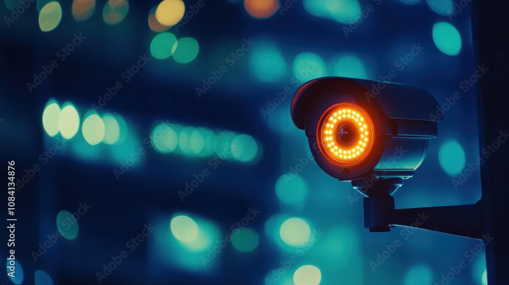 Poster high-tech security camera monitoring urban environment at night with bokeh lights in background for 