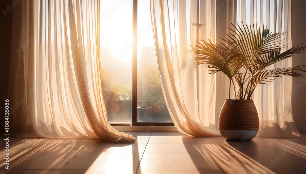 Poster soft sunlight filters through sheer curtains, creating intricate shadows on a textured _1(695)