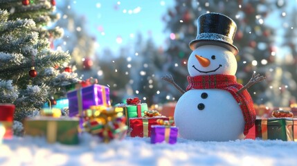 Obraz premium A festive snowman with a top hat and scarf stands amidst colorful holiday gifts and a Christmas tree. The bright snowy background creates a joyful 3D-rendered holiday scene.