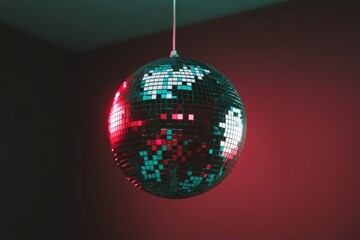 Obraz premium Shimmering Disco Ball Hanging Against a Colorful Wall with Reflected Lights in an Artistic Setup Capturing the Essence of Vintage Dance Parties and Celebration Vibes